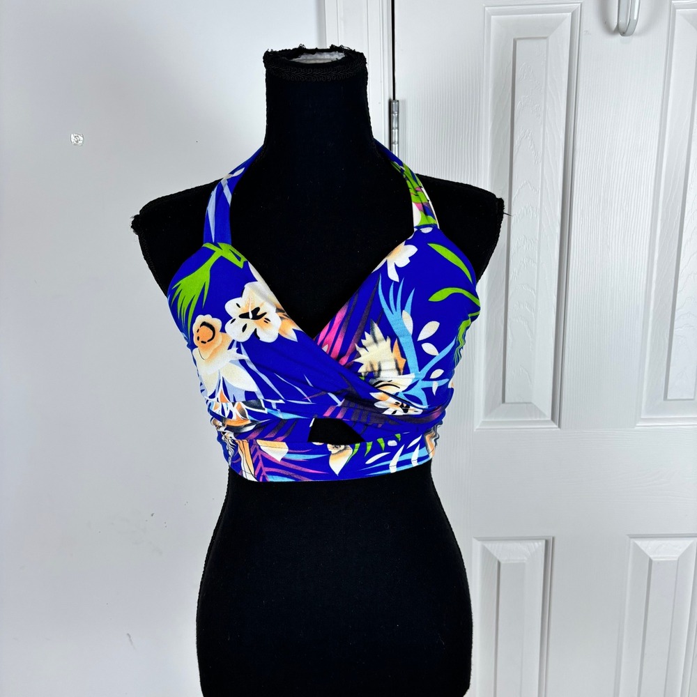 MXA Blue Tropical Floral Halter Crop‎ Top Wrap Front Keyhole Medium